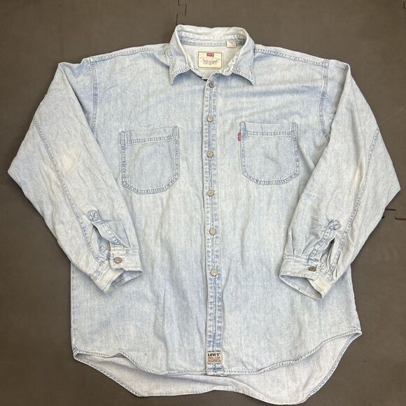 VTG Levis Shirt Men X-Large Blue Denim Light Wash Long Sleeve Button Red Tab - Picture 5 of 10